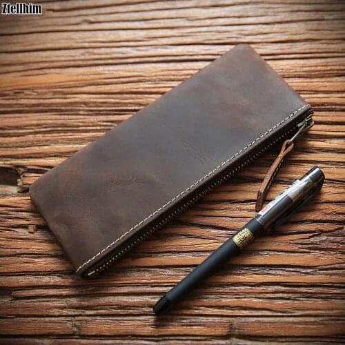 Genuine Leather Pen Bag Vintage Handmade Cowhide Zipper Long Pencil Bag Bags Box Case Holder Children School Supplies Coin Purse