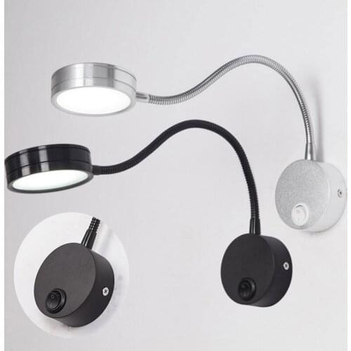 5W LED Wall Lamps Silver Black With Knob Switch Bedroom Bedside Reading Light Direction Adjustable Indoor Lighting