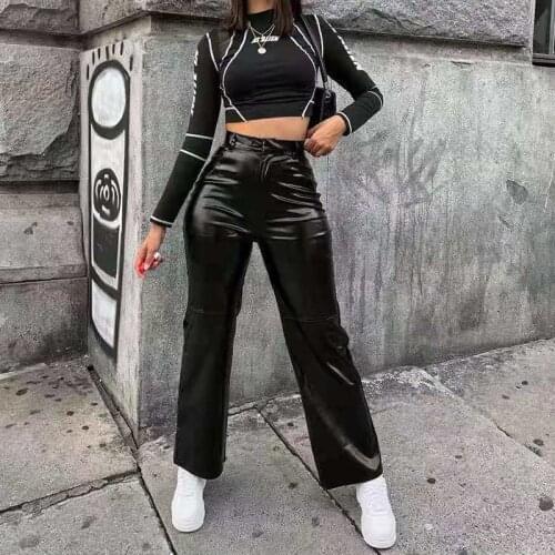 Women Pants Black Faux Leather Pants High Waist Pants Baggy Fashion Straight Leg Pants Elegant Loose Casual Trousers Streetwear