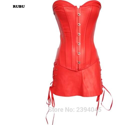 Women Corset Set Faux Leather Strapless Corselet Top and Adjustable Fitted Miniskirt with Thong Hot Clubwear Size From S to 6XL