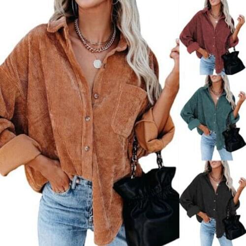 2021 New Autumn European Womens Shirt Corduroy Cardigan Long Sleeve Tops Solid Color Casual Turn-Down Collar Jacket