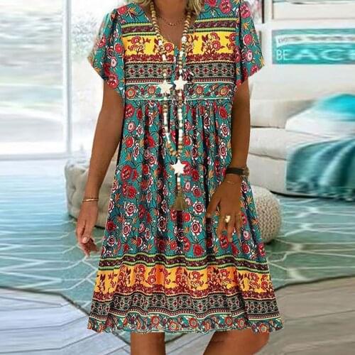 Hillsionly Plus Size Women Summer Dress Vintage Loose V-neck short Sleeve Floral Print Short Sleeve Knee-length mini Dress