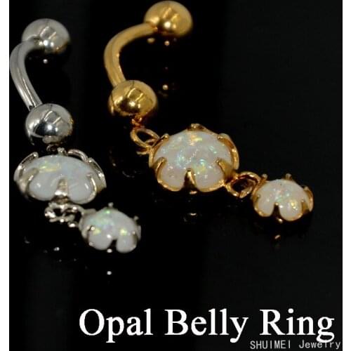 New Arrival 1PC Fire Snow Opal Gold Reversed Navel Belly Ring With Double White Opal Dangle Body Piercing Sexy Women Jewelry