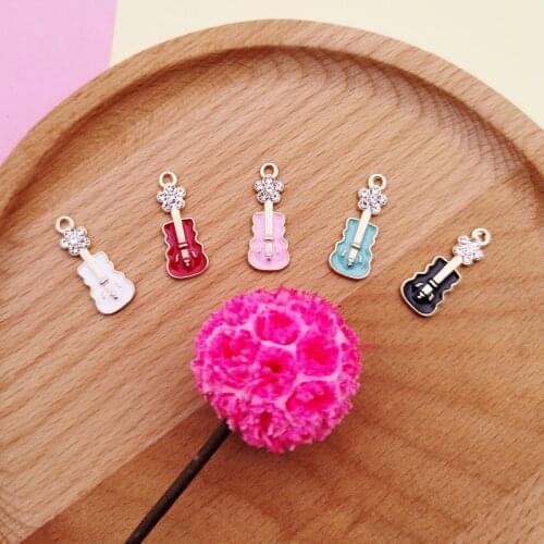10pcs Rhinestone Flower Guitar Alloy Enamel Pendants Charms Musical Instrument Dangle For DIY Bracelet Jewelry Accessories YZ848