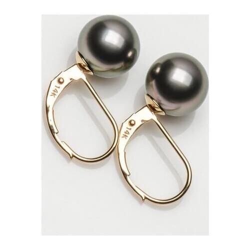 8.9-9mm Green Purple Genuine Tahitian Pearl Leverback Earrings 14k Yellow Gold