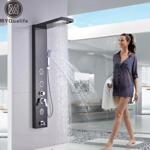 Stainless Steel Black Bath Shower Column Wall Mounted Rain Waterfall Shower Panel Mixers Rotate Body Massage Jets Shower System
