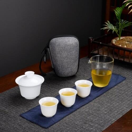 Chinese White Porcelain Kung Fu Tea Set Household Simple Outdoor Portable Travel Tea Set Pot Ceramic Cover Bowl