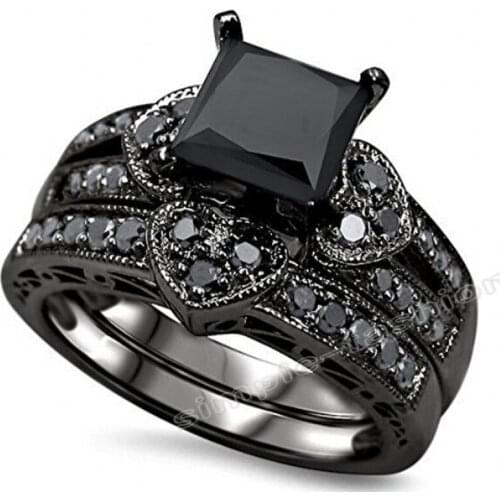 Fashion Jewelry 6mm Black zircon 5A Zircon stone 10KT Black Gold Filled Women Engagement Wedding Band Ring Bridal Set Sz 5-11