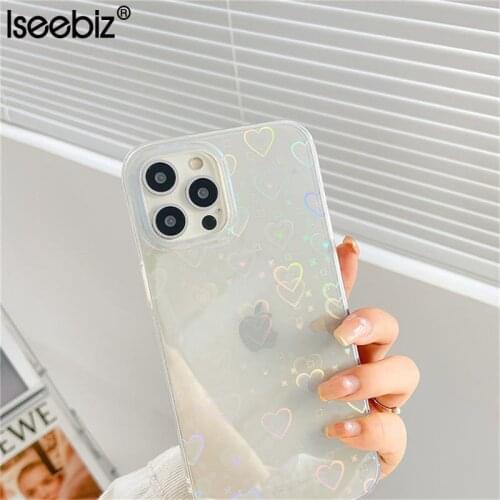 Fashion Gradient Laser Love Heart Clear Phone Case For iPhone 11 12 13 Pro Max X XS XR 7 8 Plus SE 2020 Shockproof Bumper Cover
