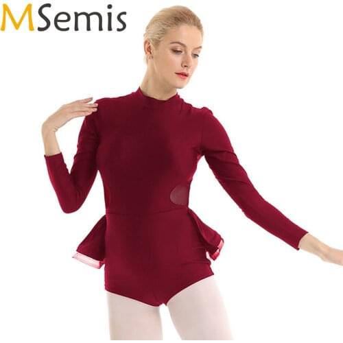 MSemis Women Adult Leotard Contemporary Dance Costumes Gymnastics Bodysuit Ballet Keyhole Back Ruffled Skirt Ballerina Dancewear