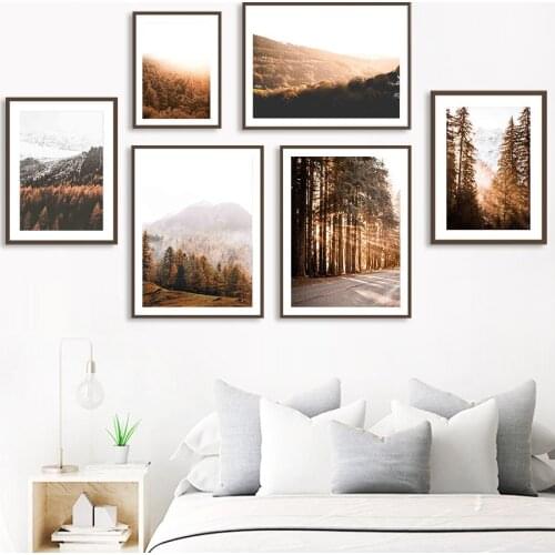 Autumn Cedar Forest Snow Mountain Fog Road Wall Art Canvas Painting Nordic Posters And Prints Wall Pictures For Livig Room Decor