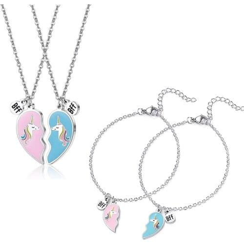 2 Pcs/Set Cute Best Friend BFF Couple Necklace Unicorn Heart Pendant Necklaces For Women Girls Jewelry Gifts For Kids
