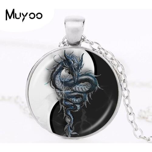 Yin Yang Dragon Pendant Chinese Eight Diagrams Necklace Astrology Zodiac Jewelery Tai Pendant for Him Glass Cabochon Choker HZ1