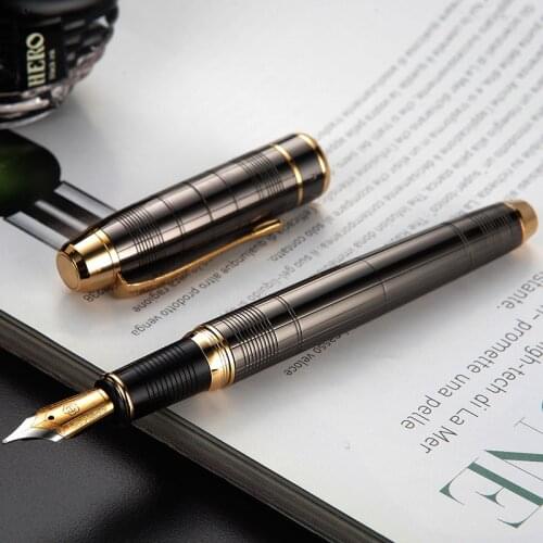 Hero 953 Metal Fountain Pen Brushed Gray Grids / Black Iraurita Fine 0.5mm Golden Clip Business Office Student Writing Ink Pen