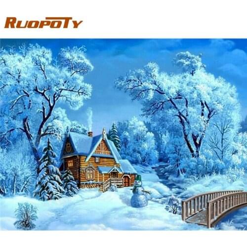 RUOPOTY Painting By Numbers Kits For Adults Mountain Snowman House Landscape Picture Handmade 60x75cm Framed Home Decors