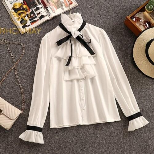 Chiffon Blouse Spring 2020 Women Ruffles Tops Solid color office lady Bow tie shirt Flare sleeve Women clothing