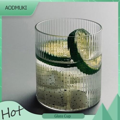 300Ml Japanese-Style Stripe Drinking Glass Cold Brew Coffee Cup with Spoon and Wooden Coaster for Summer Juice Mug Wine Glass