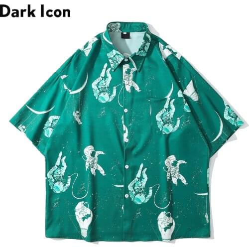 Dark Icon Astronaut Oversize Mens Shirt Turn-down Collar Loose Shirts for Men Black Green Shirt Summer