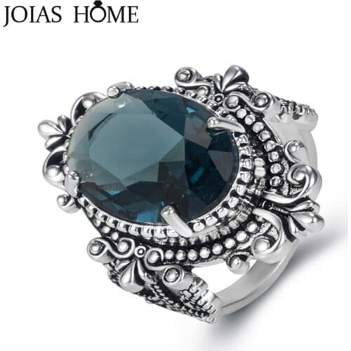 Joiashome Vintage Silver Ring With Big Oval Shaped Sapphire Gemstones Rings For Male Female Wedding Party Jewelry Gift Wholesale