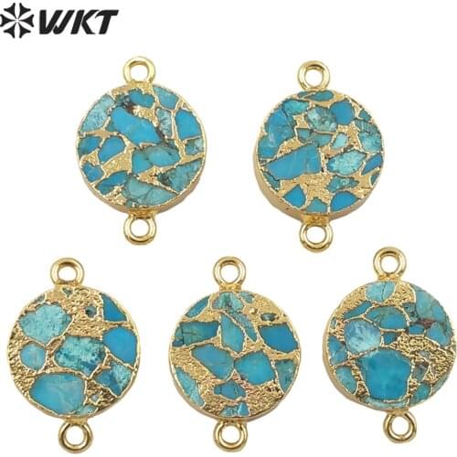 WT-C300 WKT Newest Natural copper Turquoise stone connectors for jewelry bracelet and necklace double loops round stone pendant