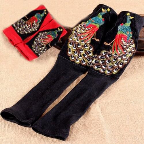 Womens Winter Gloves Retro Ethnic Embroidery Sleeve Knitted Fingerless Gloves Peacock Embroidery Gloves
