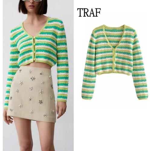 TRAF Za Women 2021 Green Stripes Cropped Cardigan Sweater Women Coat Autumn Woman Clothing Long Sleeve Top Chic Knit Sweater