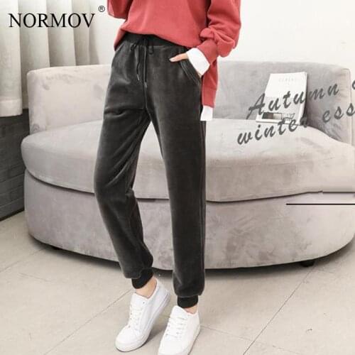 NORMOV Golden Velvet Trousers Women Winter Casual High Waist Thick Warm Sweatpants Pockets Straight Tie Feet Pants Women