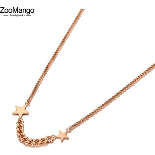 ZooMango Bohemia Rose Gold Double Star Charm Pendant Necklaces For Women Fashion Stainless Steel Link Chain Necklace ZN20166