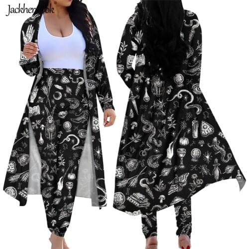 Jackherelook Salem Witch in Black Outfits 2 Piece Open Front Cardigan Long Pants Suits Fashion High Waist Leggings Clubwear Set