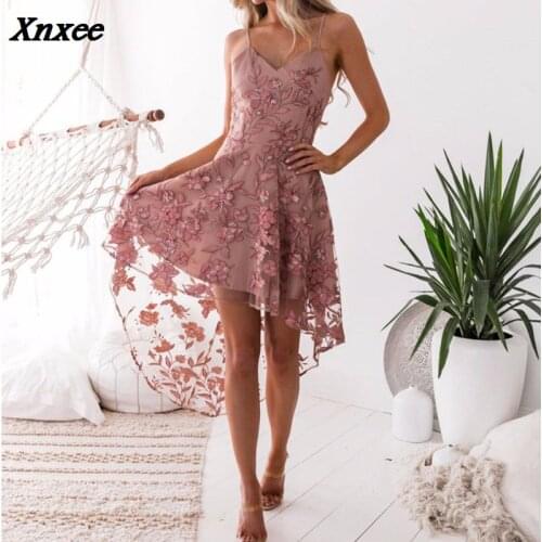 2018 Summer Elegant Women Dresses Sexy Lace Spliced Irregular Sleeveless V Neck Sling Party Dress Female Clothing Xnxee