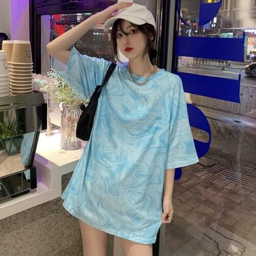 2021 Summer Women T-shirt Oversized Loose Tops Tie Dye Short Sleeve Long Top Tees Shirt Femme O-neck Plus Size Hipster Clothing
