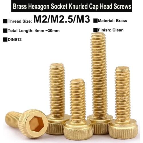 30Pcs / 20Pcs / 10Pcs M2 M2.5 M3 Brass Hexagon Socket Knurled Cap Head Screws Thread Length 4mm~30mm DIN934