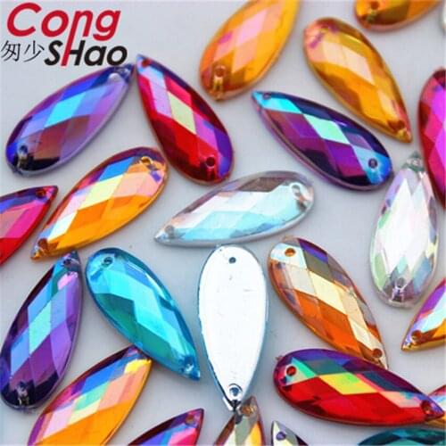 Cong Shao 100Pcs 9*21mm AB Color Drop Pear Stones Crystals Flatback Acrylic Rhinestone Trim Sewing 2 Hole Costume Button CS338