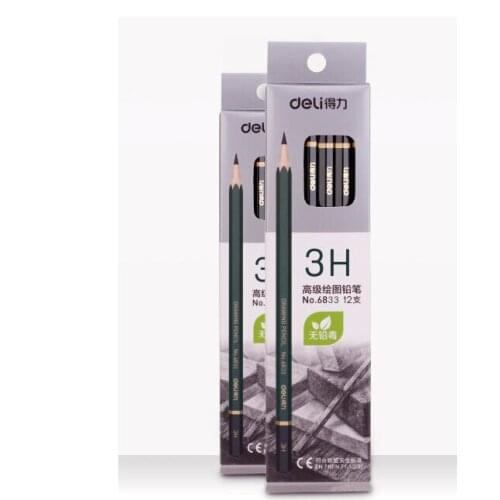 Deli 6833 3H Advanced Drawing Pencil / Log Material / Hexagonal Penholder/Engineering Drawing / Business Office 12 Pieces / Box