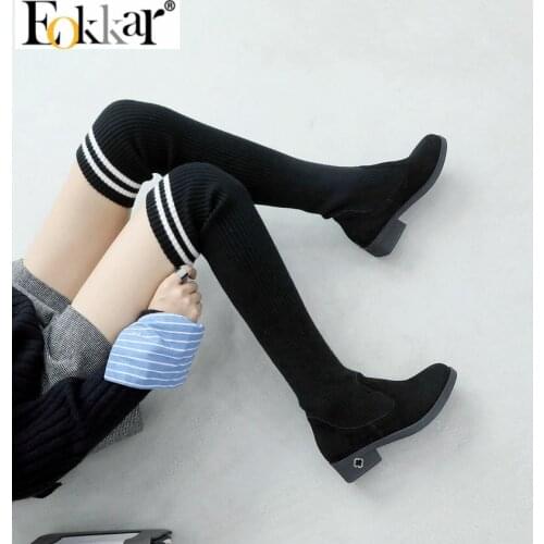 Eokkar 2020 Low Heels Knitting Over The Knee High Boots Thick Heel Slip On Elastic Thigh High Boots Black Winter Shoe Size 34-43