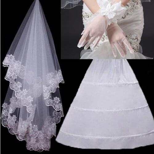 Three-piece wedding accessories for important occasions, lace veil, bow gloves, skirt inner support