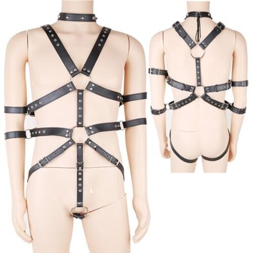 Leather Body Bondage Bodysuit Chest Harness Strap SM Binding Arm Binder Rivet Collar Penis Ring Male Chastity Punk Sexy Costume