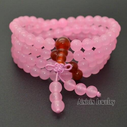 Fashion Women 108 Beads Pray Mala Jewelry Pink Stone Multi-layer Strand Elastic Bracelets 6mm Beads 25.5'' Birthday Gift 10pcs