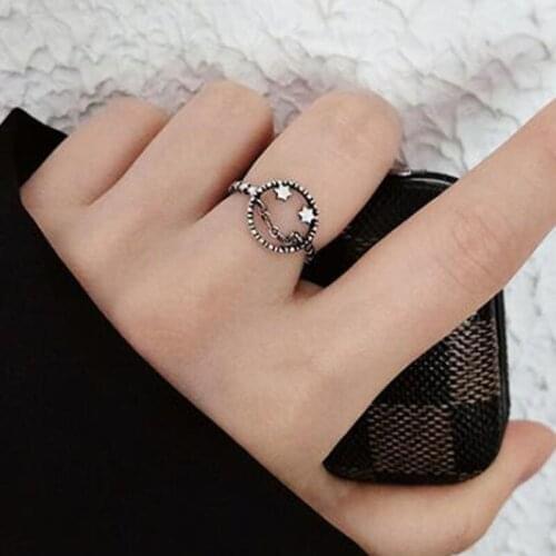 New Fashion Hollow Smiling Face Pentagram Star Ring Antique Geometric Lock Chain Open Finger Ring Special jewelry For Women
