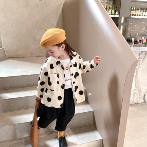 2021 Autumn New Girls' Cute Sweet Dot Print Casual Urn-down Collar Korean Fashion Coat Girls Coats Childrens Coat