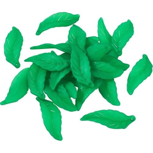 50pcs Green Transparent Frosted Acrylic Leaf Pendants for Snap Necklace Jewelry Making DIY Findings 38x14x3mm Hole: 2mm