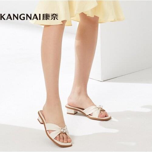 KANGNAI Slippers Women Summer Sheepskin Low Heels Pumps Outdoor Slides Fashion Ladies Modern Shoes