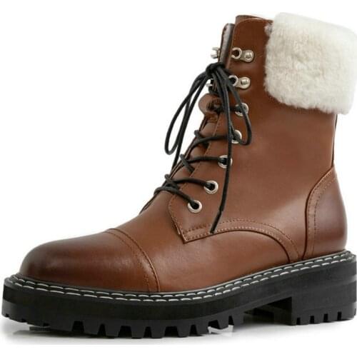 Genuine leather Women ankle motorcycle Boots winter snow boots lace up thick high heels casual Shoes Woman large size 42 43