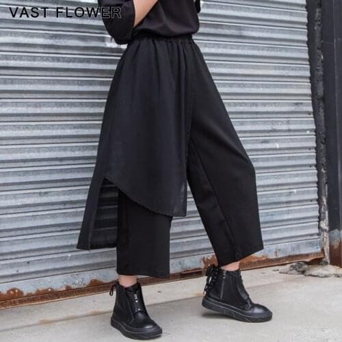 Patchwork Irregular Wide Leg Pants Women Black Elastic Waist Loose Casual Ladies Trousers Fashion Streetwear Spring Summer 2021