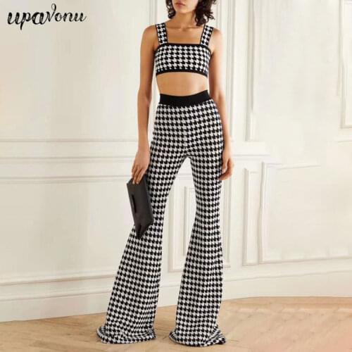 2020 Latest Womens Houndstooth Set Sexy Sling Sleeveless Short Vest + High Waist Flared Pants 2-piece Fashion Ladies Runway Set