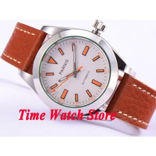 40mm Parnis Miyota 8215 Movement Automatic Mens Watch Sapphire Glass White Dial Polished Bezel Leather Strap Pin Clasp