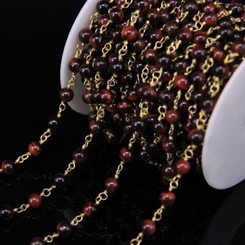 5Meters,6mm Red Tiger eye Smooth Round Beaded Chains,Natural Gems Link Bronze Brass Wire Wrapped Rosary Style Chains Bracelets