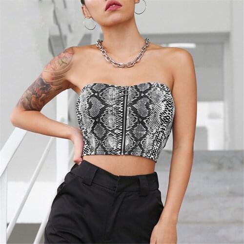 Sexy Crop Top Women Strapless Zipper Boob Tube Ladies Stretch Bandeau Bra Crop Tops 2021 Fashion Party Snake Skin Printed Tops