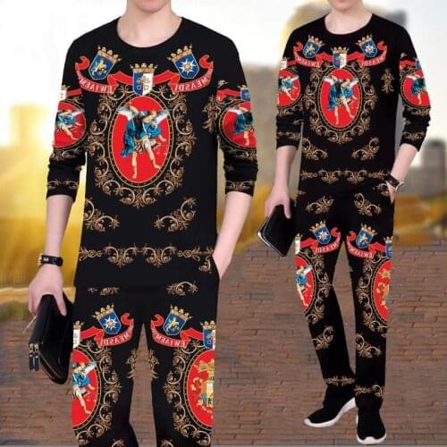 Mens autumn and winter long-sleeved T-shirt + trousers 2-piece suit casual loose sportswear trend printing mens suit