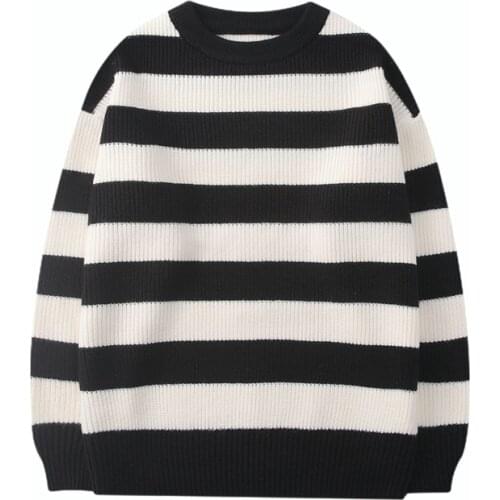 ERIDANUS Autumn Winter Sweater Mens Round Neck Korean Casual Loose Knit Trend Stripe Lazy Thick Bottoming Sweaters Male MZM091